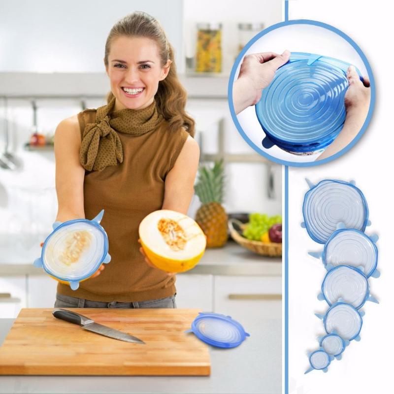 6 Pcs/ Set Universal Food Silicone Cover Reusable Silicone Stretch Lids Caps For Cookware Pot Cover Kitchen Accessories